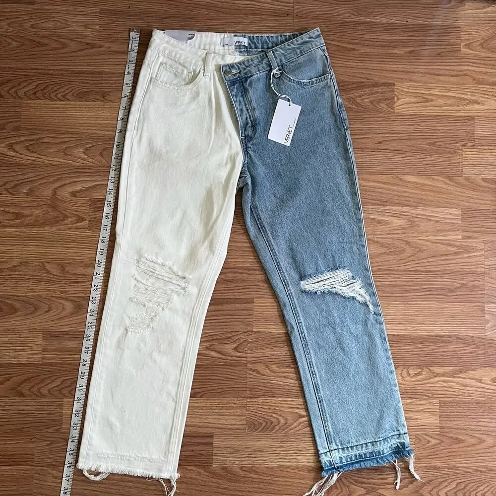 VERVET Norah Crossover Fly Colorblock Jeans 27 High Rise Straight Two Tone NWT - Picture 9 of 12